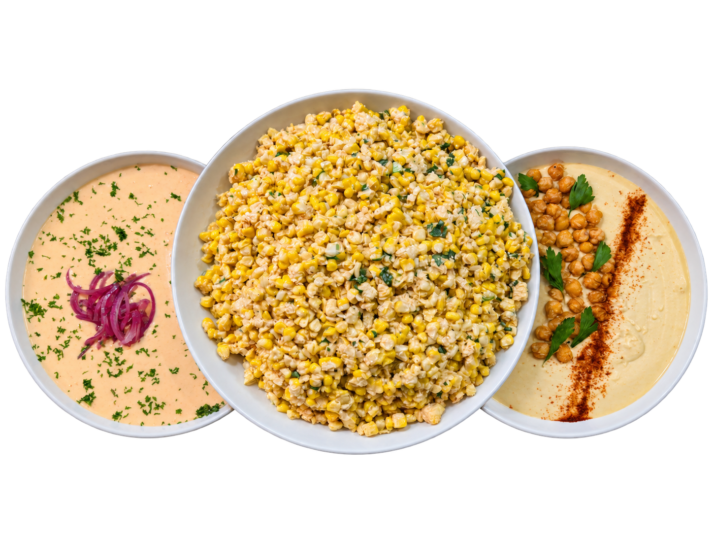 Three bowls — Mexican corn, hummus, and onion dip