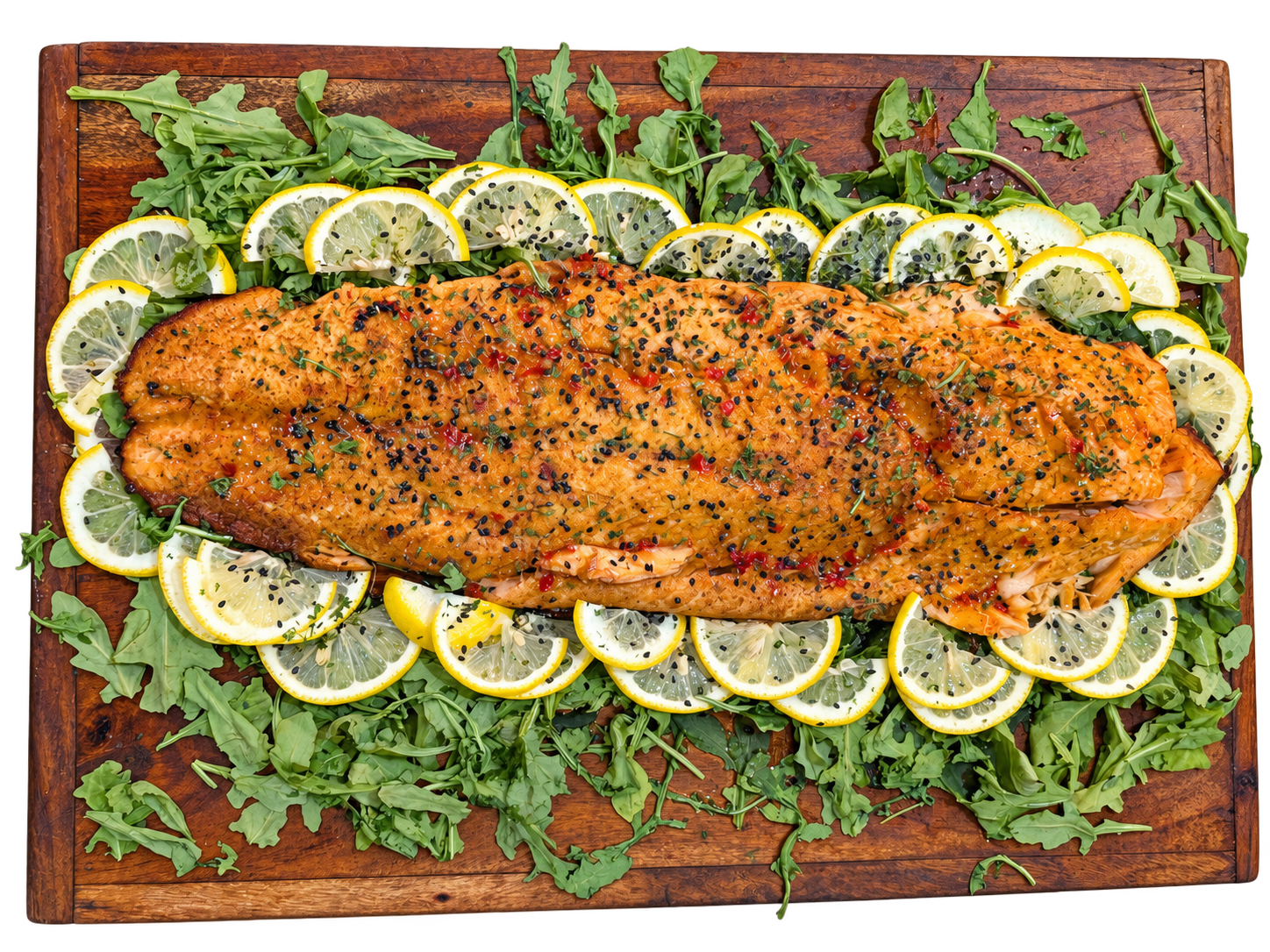 Whole side of salmon on a wood board with arugula and lemon